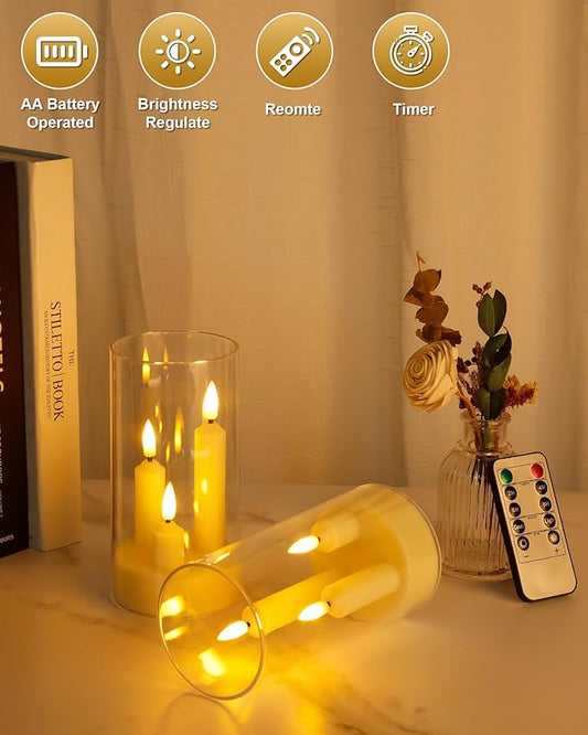 Enido 2 Pc Flameless LED 3-in-1 Taper Candles with Remote & Timer, Battery Operated Acrylic Pillar Set, 3" x 6" Flickering Electric Lights for Cozy Home & Holiday Romantic Decor (Clear)