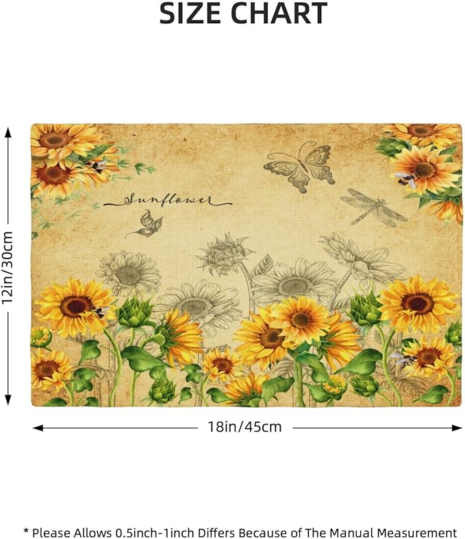 Sunflower Placemats, Rural Vintage Old Watercolour Sunflower Butterfly Flower Bee Print Washable Fabric Placemats Table Kitchen Dining Party 12x18 Inch Set of 4