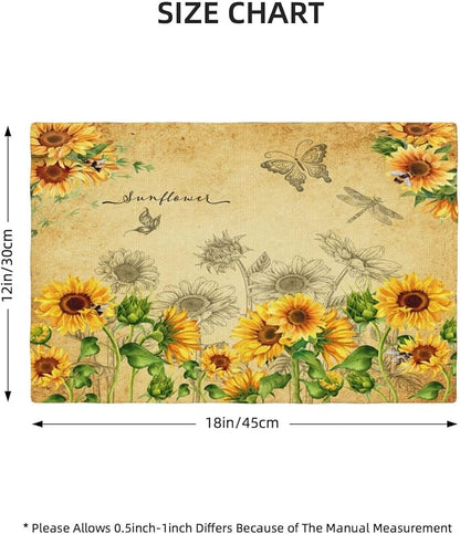 Sunflower Placemats, Rural Vintage Old Watercolour Sunflower Butterfly Flower Bee Print Washable Fabric Placemats Table Kitchen Dining Party 12x18 Inch Set of 4