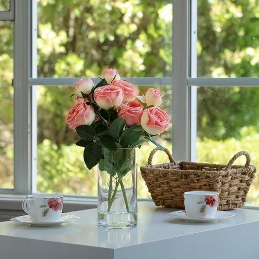 ENOVA FLORAL 9 Heads Silk Rose Artificial Flowers in Vase,Faux Rose Flowers Arrangement in Vase with Faux Water for Table Decor Centerpieces (Dark Pink)