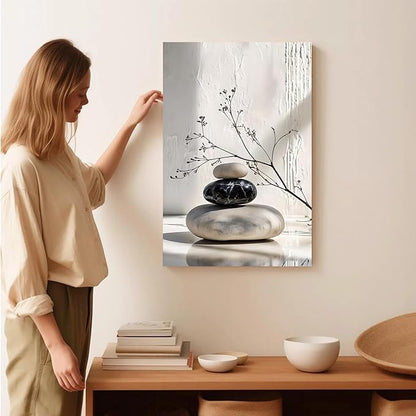 Gray and black stone pile and dried flowers poster canvas wall art in harmony Minimalist wall art for tranquil homes and mindful spaces 32x48in Frameless