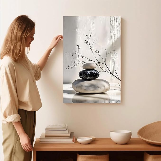 Gray and black stone pile and dried flowers poster canvas wall art in harmony Minimalist wall art for tranquil homes and mindful spaces 28x40in Frameless