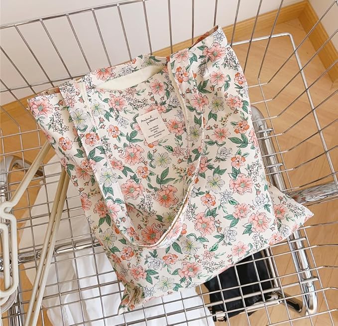 Cotton Canvas Tote Bag Reusable Soft Grocery Cloth Bag Floral Shoulder Bag for Beach Travel Shopping