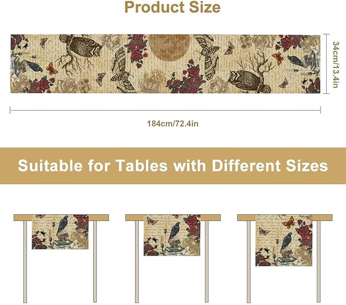 Gothic Floral Table Runner, Retro Dark Skull Moth Vintage Flower Halloween Day of Death Witchy Coffee Table Center Decor for Home Kitchen Dining Patio Holiday Party Table Decorations 13x36 inches
