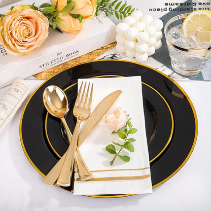 SUT 175 Piece Black and Glod Plastic Dinnerware Set for 25 Guests, Disposable Plastic Plates, Include: 25 Dinner Plates, 25 Dessert Plates, 25 Pre Rolled Napkins with Silver Silverware, 25 Cups