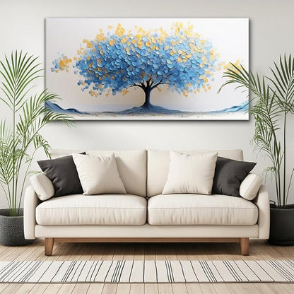LAVIKARS Modern Tree of Life Wall Art for Living Room Office Navy Blue and Yellow Floral Abstract Landscape Canvas Painting Prints Large Nature Artwork Home Kitchen Bedroom Decor (28x58 Inches)