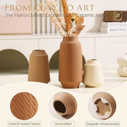 Ceramic Vase Set of 3 - Handcrafted Ceramic Vases for Home Decor & Shelf - Modern Farmhouse Decor for Kitchen, Office, Bedroom & Living Room Decorative Objects for Mantel, Table Centerpieces
