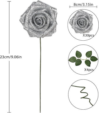 Artificial Roses 30PCS Silver Flowers 3.15" Glitter Roses Artificial Flowers with Stems for DIY Wreath Wedding Christmas Home Party Decor(Silver)