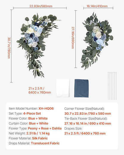 VEVOR Artificial Wedding Arch Flowers Kit, Blue Wedding Arch Flowers with Drapes Kit -2 Pcs Floral Arrangement, 2 Pcs Sheer Drapes, for Ceremony Bouquets Reception Backdrop Decoration（No Include Wood