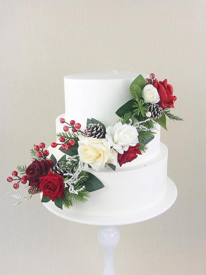 Rinlong 3Pcs Pre-made Cake Topper Cake Decorating Flowers for Christmas Cake Decor Burgundy Xmas Cake Decorations for Wedding Baptism