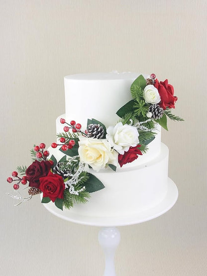 Rinlong 3Pcs Pre-made Cake Topper Cake Decorating Flowers for Christmas Cake Decor Burgundy Xmas Cake Decorations for Wedding Baptism