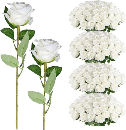 200 Pack Artificial Silk Roses Flowers - Milky White Fake Flowers for Wedding Decor, 3.7in(7cm) Silk-Like Velvet Flower Heads with 50cm Long Stems, Home Centerpieces, Bridal Shower (200, Milky White)