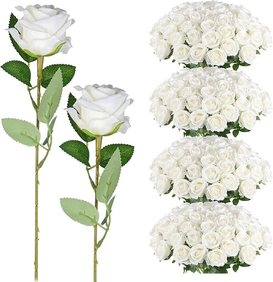200 Pack Artificial Silk Roses Flowers - Milky White Fake Flowers for Wedding Decor, 3.7in(7cm) Silk-Like Velvet Flower Heads with 50cm Long Stems, Home Centerpieces, Bridal Shower (200, Milky White)