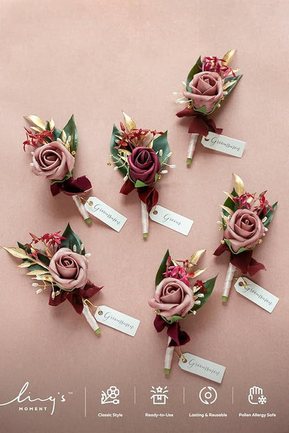 Ling's moment Boutonniere for Men, 6pcs Groom Groomsmen Boutonniere, Artificial Flowers for Wedding Decor/Prom/Homecoming, etc.Marsala Dusty Rose