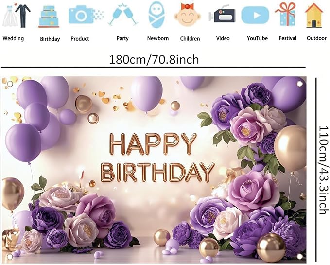 Purple Gold Happy Birthday Backdrop Banner Elegant Flowers Balloons Photography Background Glitter Birthday Decorations for Women Girls Party Supplies Photo Booth Props 71x43 Inch