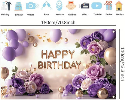 Purple Gold Happy Birthday Backdrop Banner Elegant Flowers Balloons Photography Background Glitter Birthday Decorations for Women Girls Party Supplies Photo Booth Props 71x43 Inch