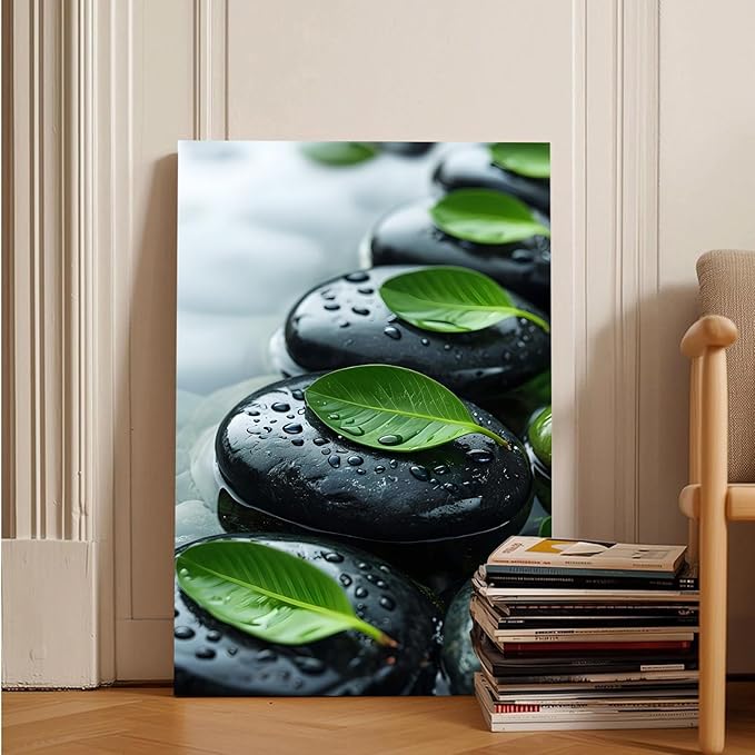 Glittering black stone cluster with fresh green leaves and water drops poster tranquil mist rain wall art zen wall art suitable for modern minimalist home decor 28x40in Frameless