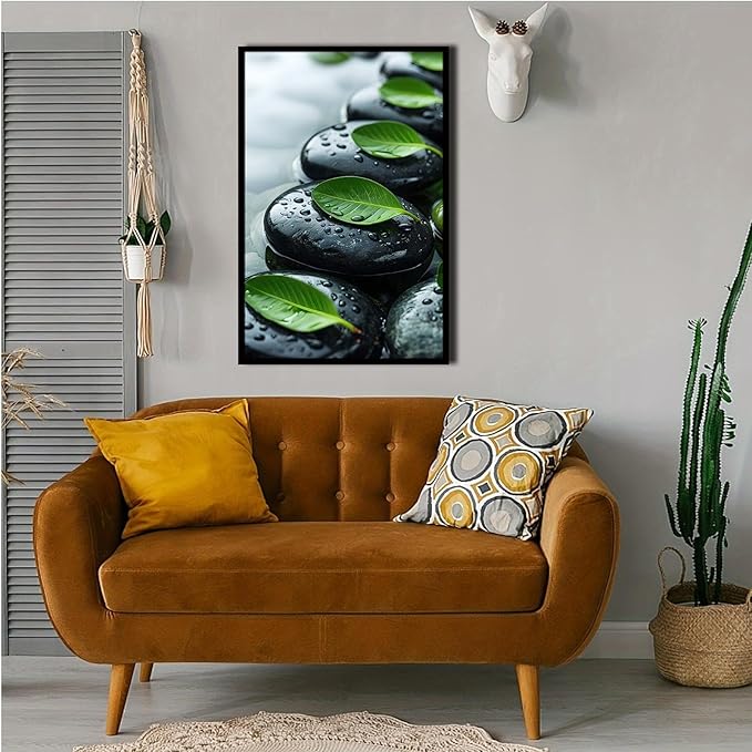 Glittering black stone cluster with fresh green leaves and water drops poster tranquil mist rain wall art zen wall art suitable for modern minimalist home decor 12x18in Metal blackFramed