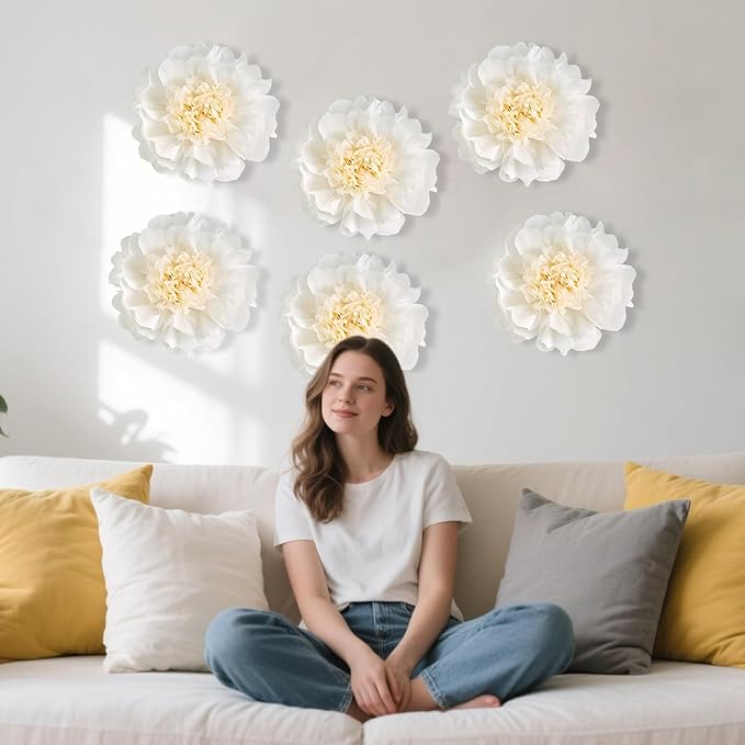 6PCS White Paper Flowers Decorations for Wall Giant Tissue Paper Flowers 12‘’ White Giant Crepe Artificial Flowers Large Flowers for Wedding Birthday Baby Shower Party Home Decor Supplies