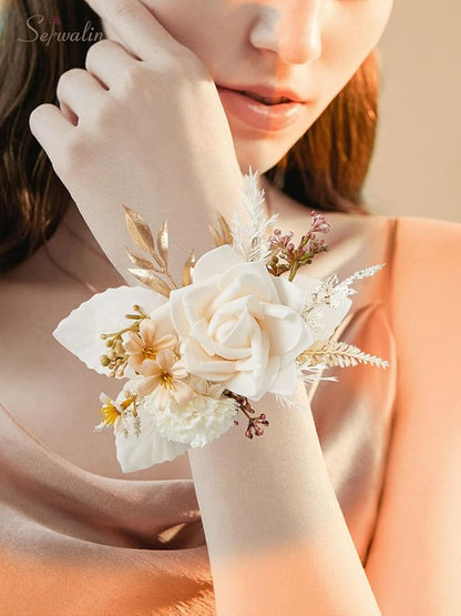 Serwalin Set of 2 Wrist Corsage for Wedding, 6-7 Inch Corsages for Bridesmaid Mother Grandmother, Artificial Flowers for Prom Ceremony Anniversary Cake Topper (Champagne)