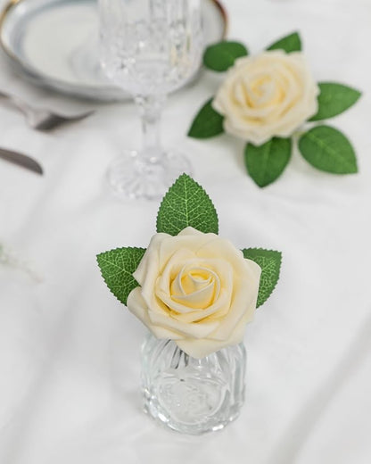 DuHouse 25Pcs Artificial Roses Flowers Fake Rose with Stems Real Touch Foam Flowers for DIY Wedding Bouquet Baby Shower Centerpiece Floral Arrangement Party Home Decor(Light Champagne)