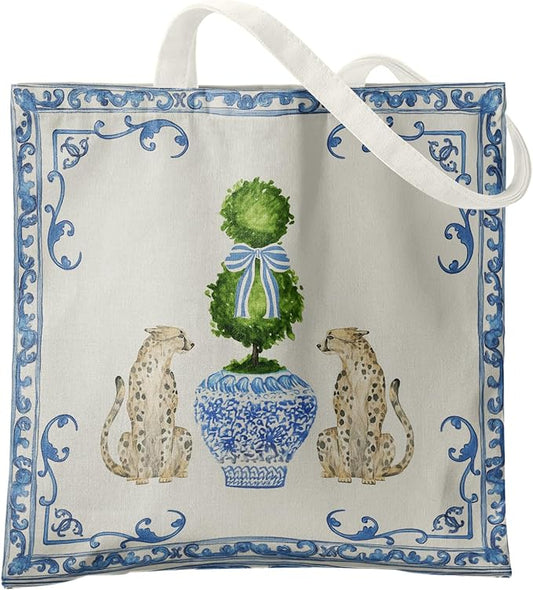 Blue and White Chinoiserie Prints Canvas Tote Bag for Women, Reusable Folding Shopping Bags with Handles