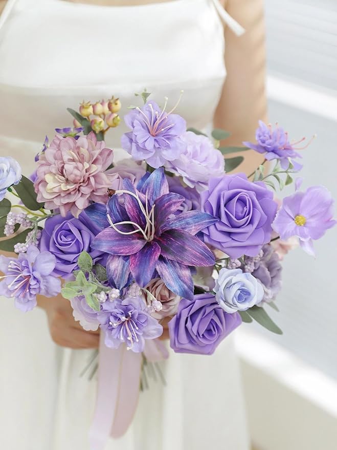 Artificial Flowers Combo Box Purple Flowers Silk Fake Roses with Stems for DIY Wedding Bridal Bouquets,Table Centerpieces,Cake Floral Arrangement,Baby Shower,Birthday Party Home Decorations