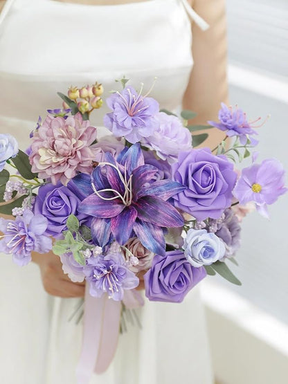 Artificial Flowers Combo Box Purple Flowers Silk Fake Roses with Stems for DIY Wedding Bridal Bouquets,Table Centerpieces,Cake Floral Arrangement,Baby Shower,Birthday Party Home Decorations