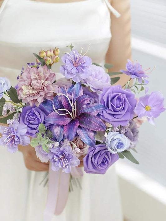 Artificial Flowers Combo Box Purple Flowers Silk Fake Roses with Stems for DIY Wedding Bridal Bouquets,Table Centerpieces,Cake Floral Arrangement,Baby Shower,Birthday Party Home Decorations
