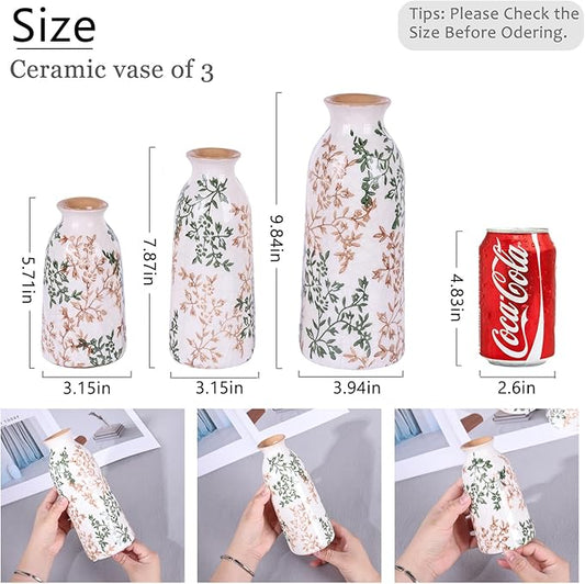 Ceramic Vase Set of 3, Vintage Green and Beige Vases Set, Flower Rustic Chinoiserie Vases Floral Grand Millennial Farmhouse Decor Vase (Green and Beige-Set of 3)