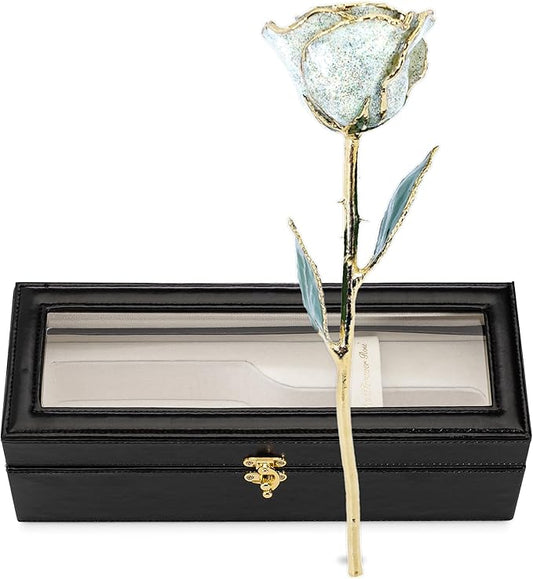 Forever Rose Hand-Dipped in 24K Gold, Opal-Inspired October Birthstone with Sparkles, Real Rose in Leather Case with LED Light – Perfect Ready to Gift for October Birthday or Any Occasion