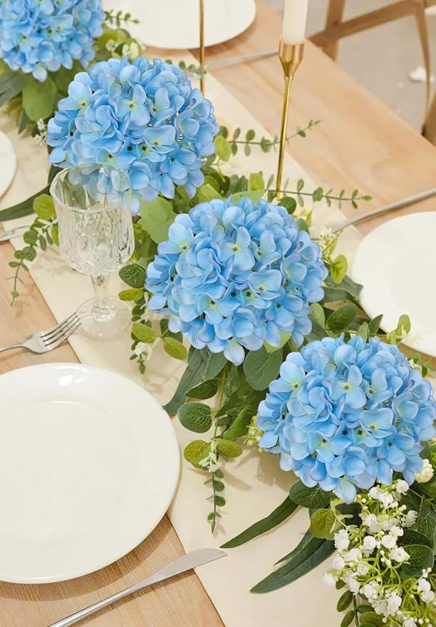 Hollyone Light Blue Silk Hydrangea Artificial Flowers Heads 7.4inch Large Fake Hydrangea 4Pcs Full Faux Flowers with Stems for Wedding Party Table Centerpieces Flower Arrangement Home Decor