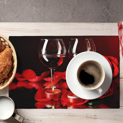 Red Rose Wine Linen Table Placemats Set of 4 Retro Romantic Placemat Indoor Outdoor Party Home Desktop Kitchen Dining Room Decoration 12x18 Inch