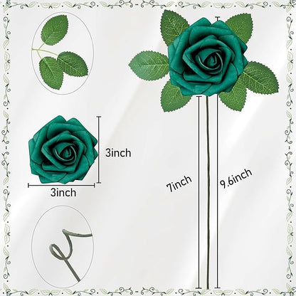 Artificial Flowers, 50pcs Hunter Green Artificial Rose for DIY Wedding Bouquets Centerpieces Arrangements, Fake Flower with Stem for Party Home Decrration