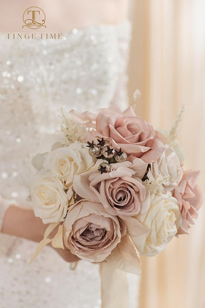 TINGE TIME Artificial Flowers Combo Mix Silk Flowers Pink Roses w/stem for DIY Wedding Bridal Bouquets Baby Shower Floral Arrangement Table Centerpieces Home Decorations (Dusty Rose & Champange)