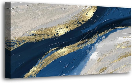 Abstract Canvas Wall Art for Living room Office Bedroom Golden Blue Wall Art Print Oil Paintings Modern Abstract River Texture Pictures Wall Decor Artwork Waterproof Ready to Hang - 24in * 48inch