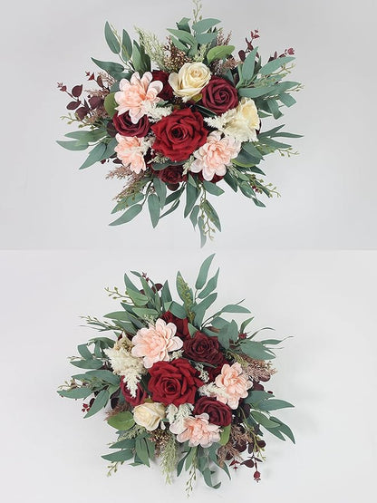 Rinlong 13.5" Wide Fall Wedding Bouquets for Bride Burgundy Bridal Bouquet for Wedding Wine Boho Dried Pampas Artificial Flowers Bouquets