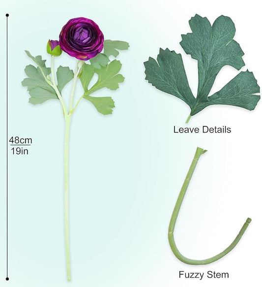 Artificial Ranunculus Flowers with Real Touch Stem,Silk Ranunculus Flowers (Purple, 6pcs)