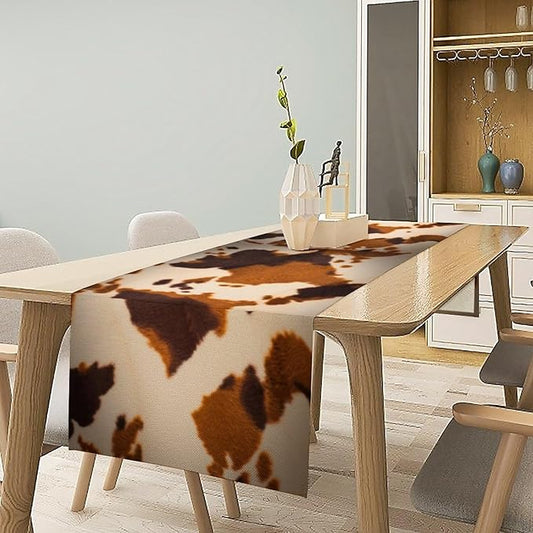 Cow Print Table Runner, Brown Cowhide Print Western Style Table Runner Country Farmhouse Cottage Cow Patten Table Decoration for Home Kitchen Dining, 13x120 Inch