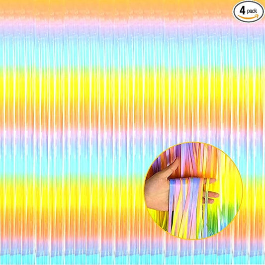 4 Pack Rainbow Tinsel Foil Fringe Curtain Backdrop, 3.28Ft x 8.2Ft Colorful Metallic Streamers for Photo Booth Props Wedding Bridal Shower Bachelorette Birthday Easter Christmas Party Decoration