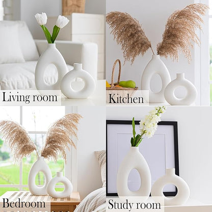 White Ceramic Vase Set of 2 for Modern Home Decor, Round Matte Donut Vases for Pampas Grass, Boho Nordic Minimalism Style Modern Flower Vases for Living Room Table Bookshelf Office Bedroom