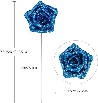 IPOPU Fake Roses,25PCS Blue Roses Glitter Roses Artificial Roses with Stems for Cake Wedding Bouquet Home Party Decoration(Blue)