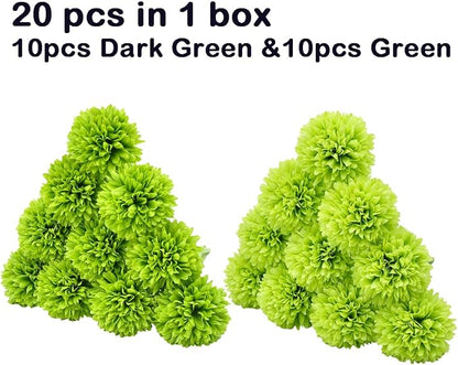 20Pcs Artificial Fake Flower Plants Silk Chrysanthemum Ball Hydrangea Arrangements Wedding Bouquets Decor Home Kitchen Garden Party Table Floral Centerpieces DIY (Dark Green&Green)