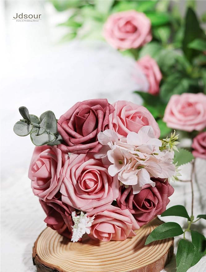 50pcs Artificial Flower，Real Touch Foam Roses w/Stem DIY for Wedding Bouquet Centerpieces Party Shower Home Decor-Shabby Rose Pink