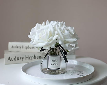 Artificial Flowers with White Roses in Vase, Fake Flowers in Glass Jar with Ribbon, Silk Flower Arrangements in Vase with Artificial Flowers for Home Dining Table Decor.