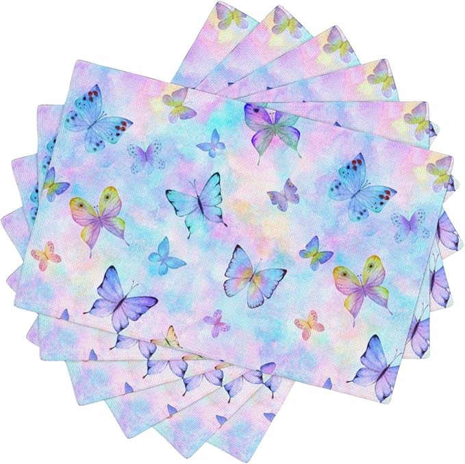 Watercolors Butterfly Placemats Set of 6,Spring Summer Flower Place Mats Washable for Kitchen Dining Table Heat Resistant Decorative Colth Table Mats 6 PCS, Style