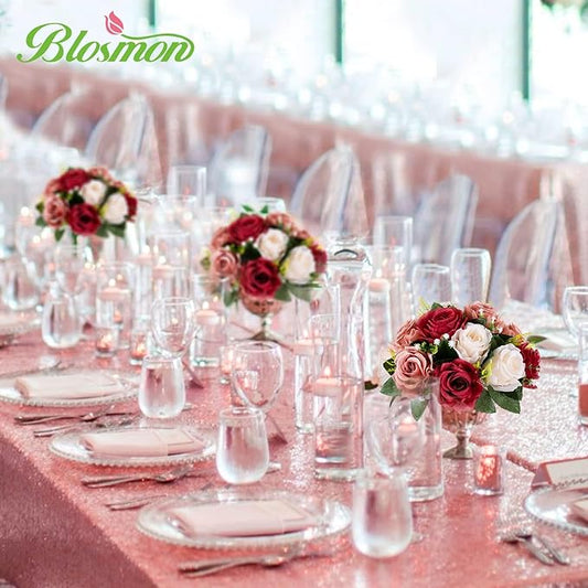 BLOSMON Flower Centerpieces Decoration for Table: 2 Pcs Burgundy & Dusty Rose & Creamy White Fake Roses Kissing Flower for Wedding - Artificial Silk Floral Arrangements Home Party DIY Decoration