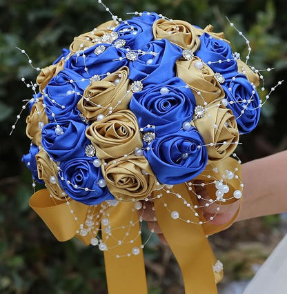 Bridal Wedding Bouquet Round Bling Brooch Bouquet Throw Toss Artificial Rose Flower Bunch for Bride Bridesmaid Wedding Quinceanera(Royal Blue & Gold, 8.7")