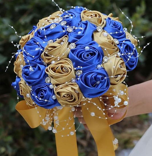 Bridal Wedding Bouquet Round Bling Brooch Bouquet Throw Toss Artificial Rose Flower Bunch for Bride Bridesmaid Wedding Quinceanera(Royal Blue & Gold, 8.7")