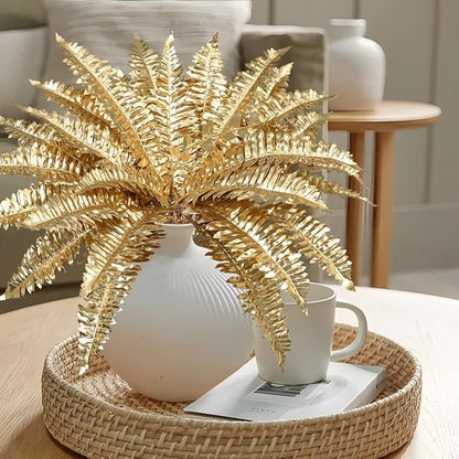 Artificial Gold Ferns Stems Christmas Branch 3Pcs Fake Leave Flower Plant Faux Plant for Vase Bouquets Table Centerpieces Decoration Home Decor